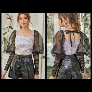 Pearl Beaded Mesh Sleeve Jacquard Top